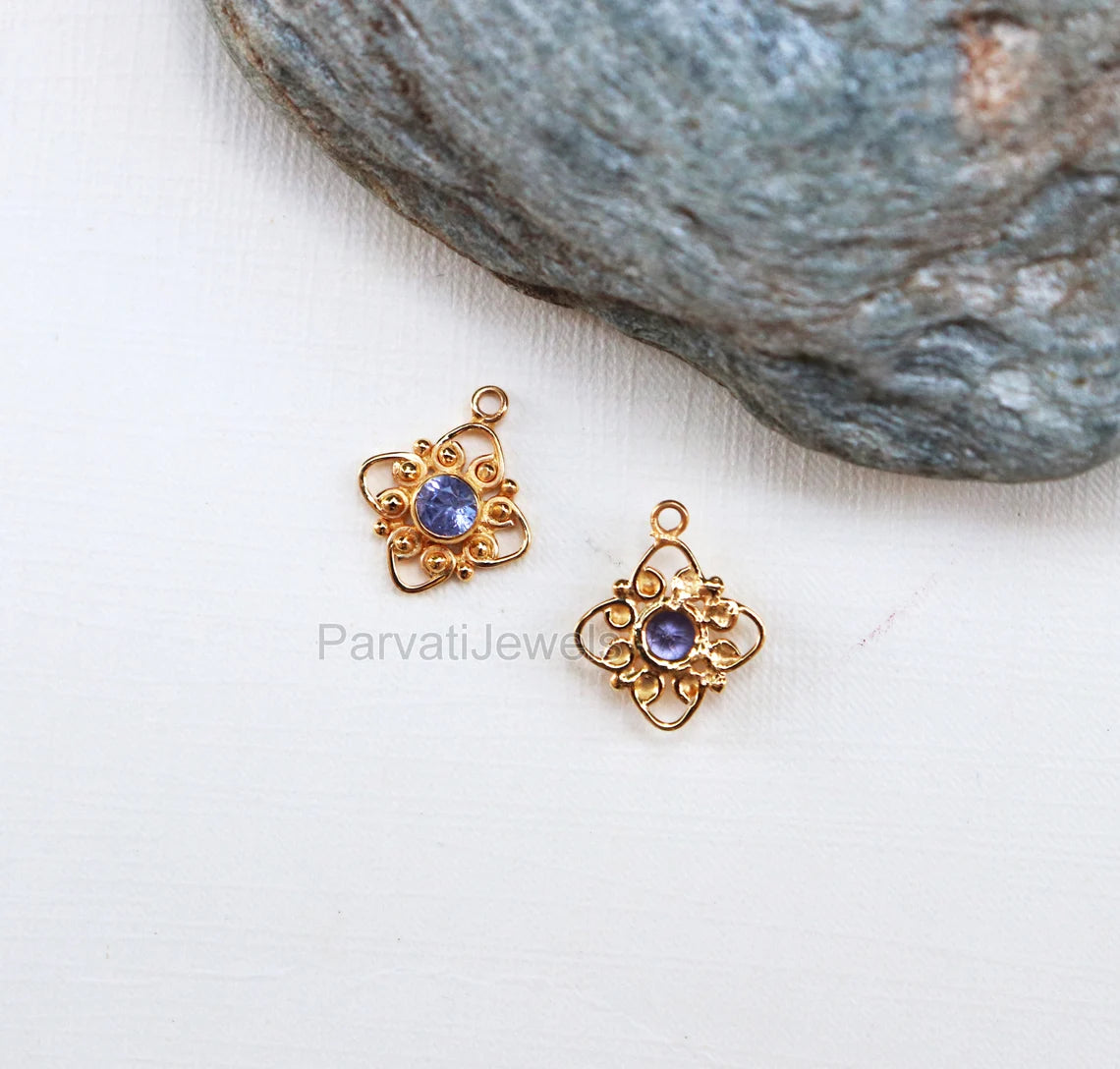 Natural Tanzanite Round Shape 14k & 18k Solid Gold Charm, Filigree Charm, tanzanite 14k Gold Charm, Charms For Earring Handmade Gold Charm