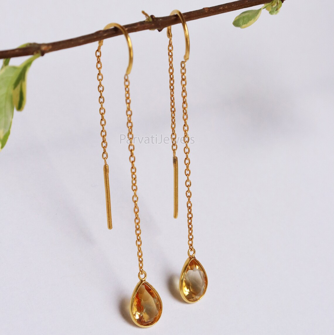 Natural Citrine Gold Earring, Solid Gold Earrings, Handmade Gold Earrings, Minimalist Hanging Earrings, Thread Earring, Gift for Her