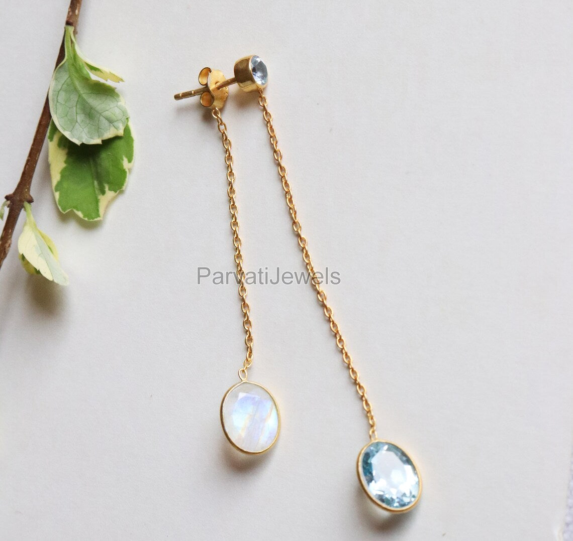 Natural Blue Topaz and Rainbow Moonstone Gold Earrings, Gold Earrings, Handmade Earrings, Detachable Earrings, Thread Earring, Gift for Her