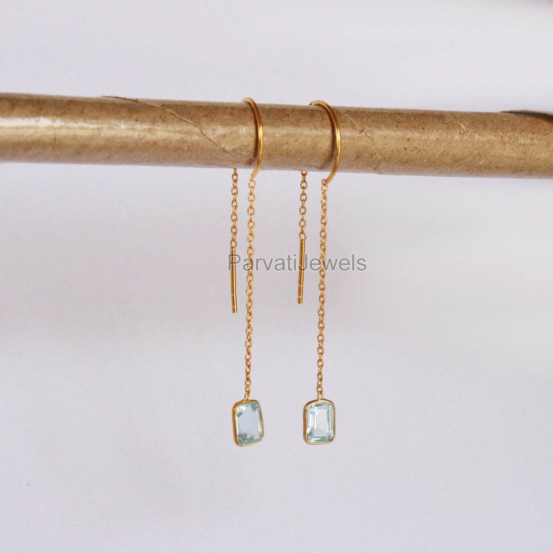 Natural Blue Topaz Gold Earring, Solid Gold Earrings, Handmade Gold Earrings, Minimalist Hanging Earrings, Thread Earring, Gift for Her