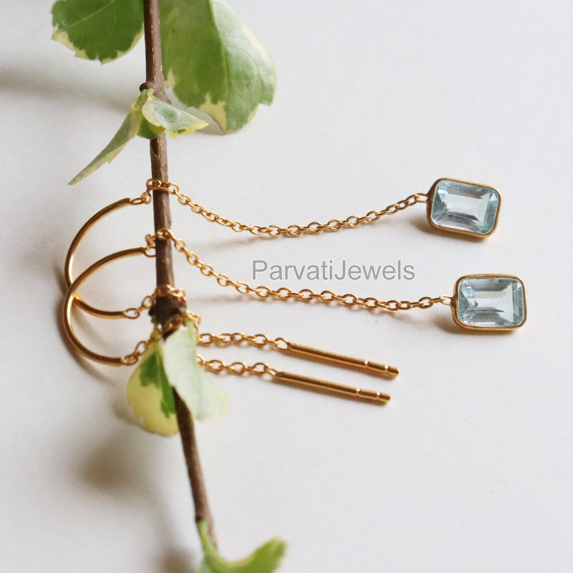 Natural Blue Topaz Gold Earring, Solid Gold Earrings, Handmade Gold Earrings, Minimalist Hanging Earrings, Thread Earring, Gift for Her