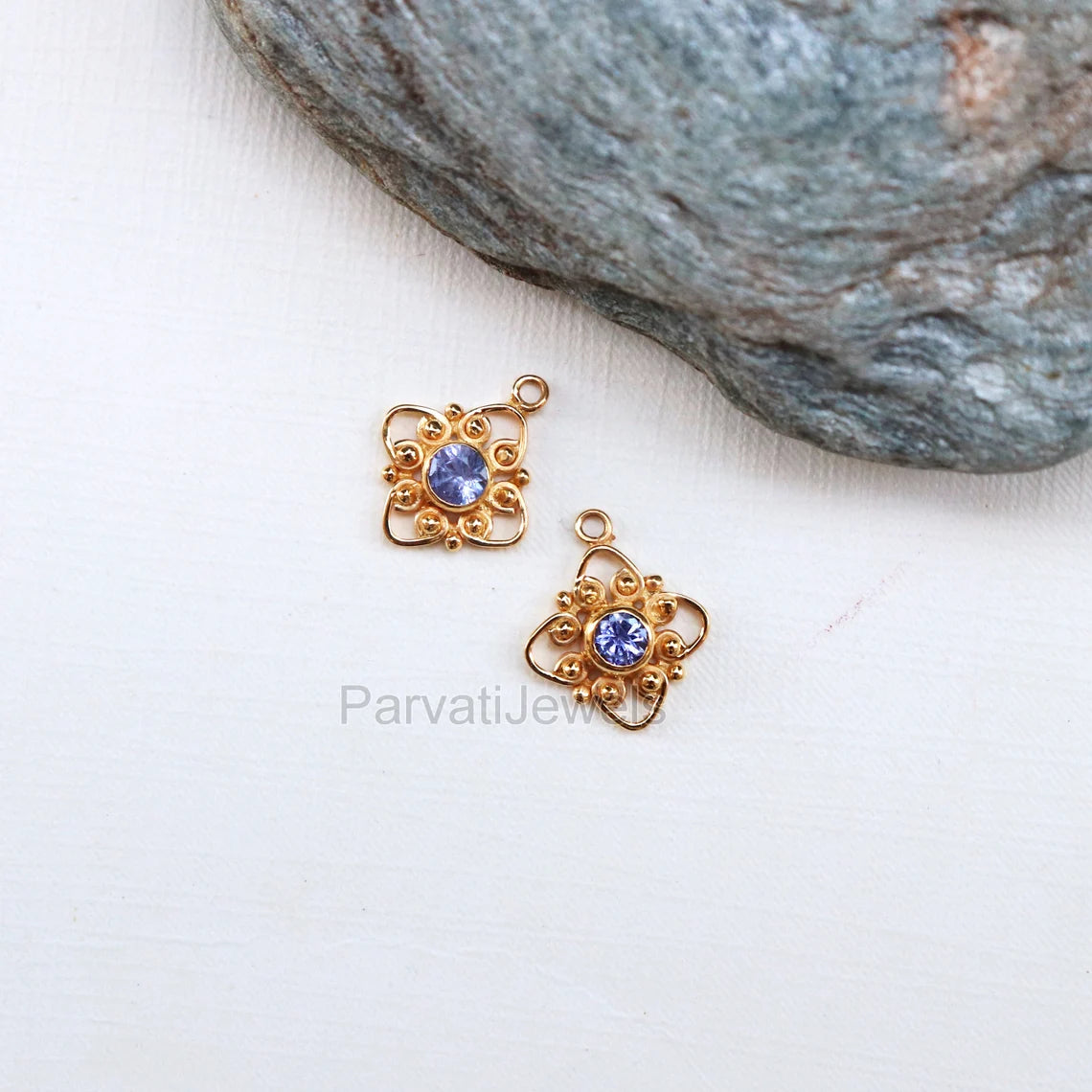 Natural Tanzanite Round Shape 14k & 18k Solid Gold Charm, Filigree Charm, tanzanite 14k Gold Charm, Charms For Earring Handmade Gold Charm