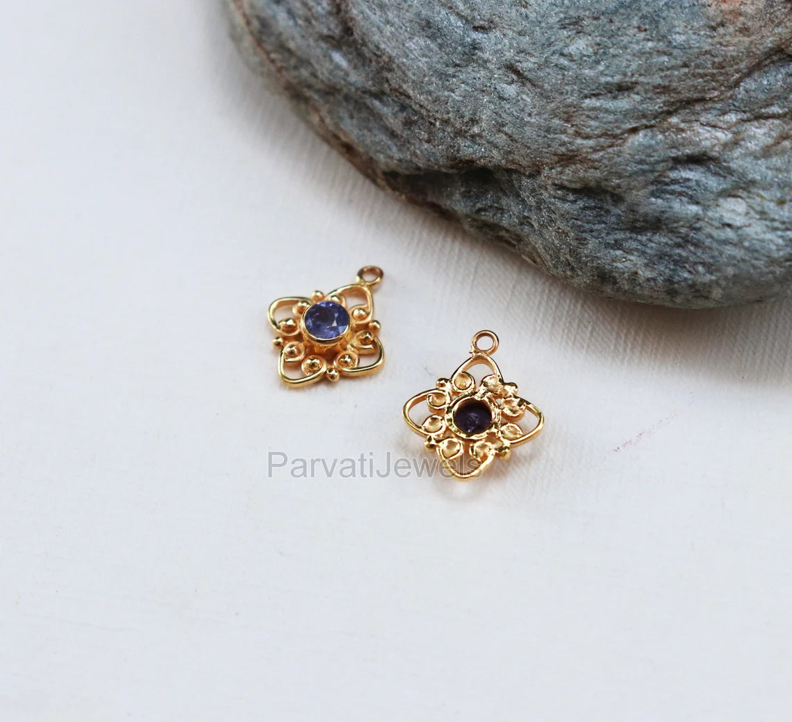 Natural Tanzanite Round Shape 14k & 18k Solid Gold Charm, Filigree Charm, tanzanite 14k Gold Charm, Charms For Earring Handmade Gold Charm