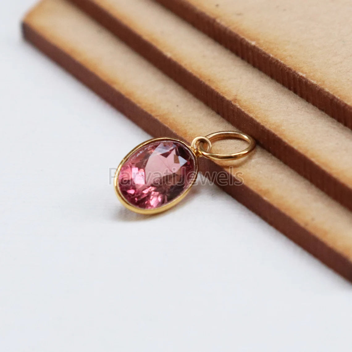 Pink Tourmaline 18K Gold Charm, Solid Gold Charm, Pink Tourmaline Gold Charm Pendant, Handmade Gold Charm, Minimalist 18k Gold Charm