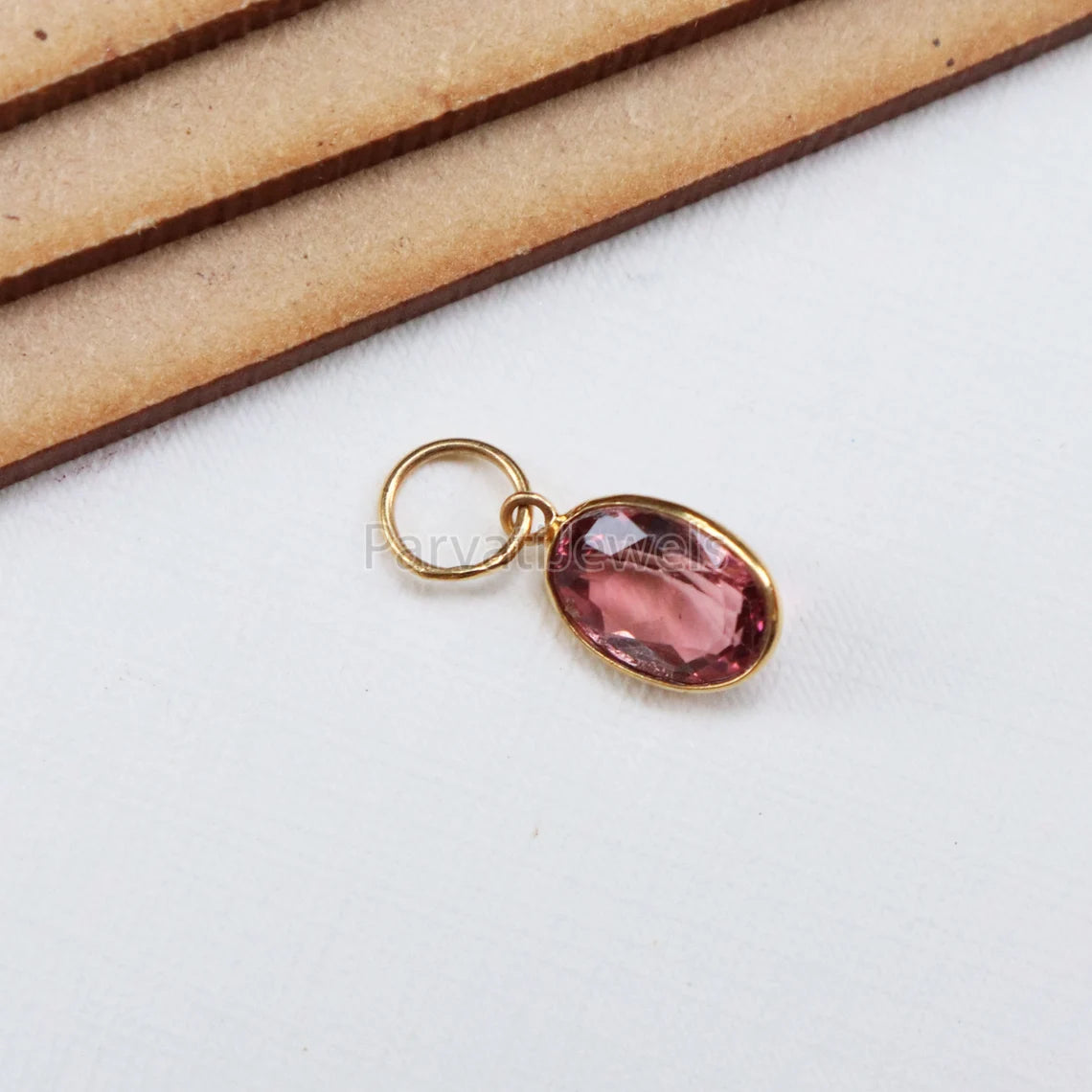 Pink Tourmaline 18K Gold Charm, Solid Gold Charm, Pink Tourmaline Gold Charm Pendant, Handmade Gold Charm, Minimalist 18k Gold Charm