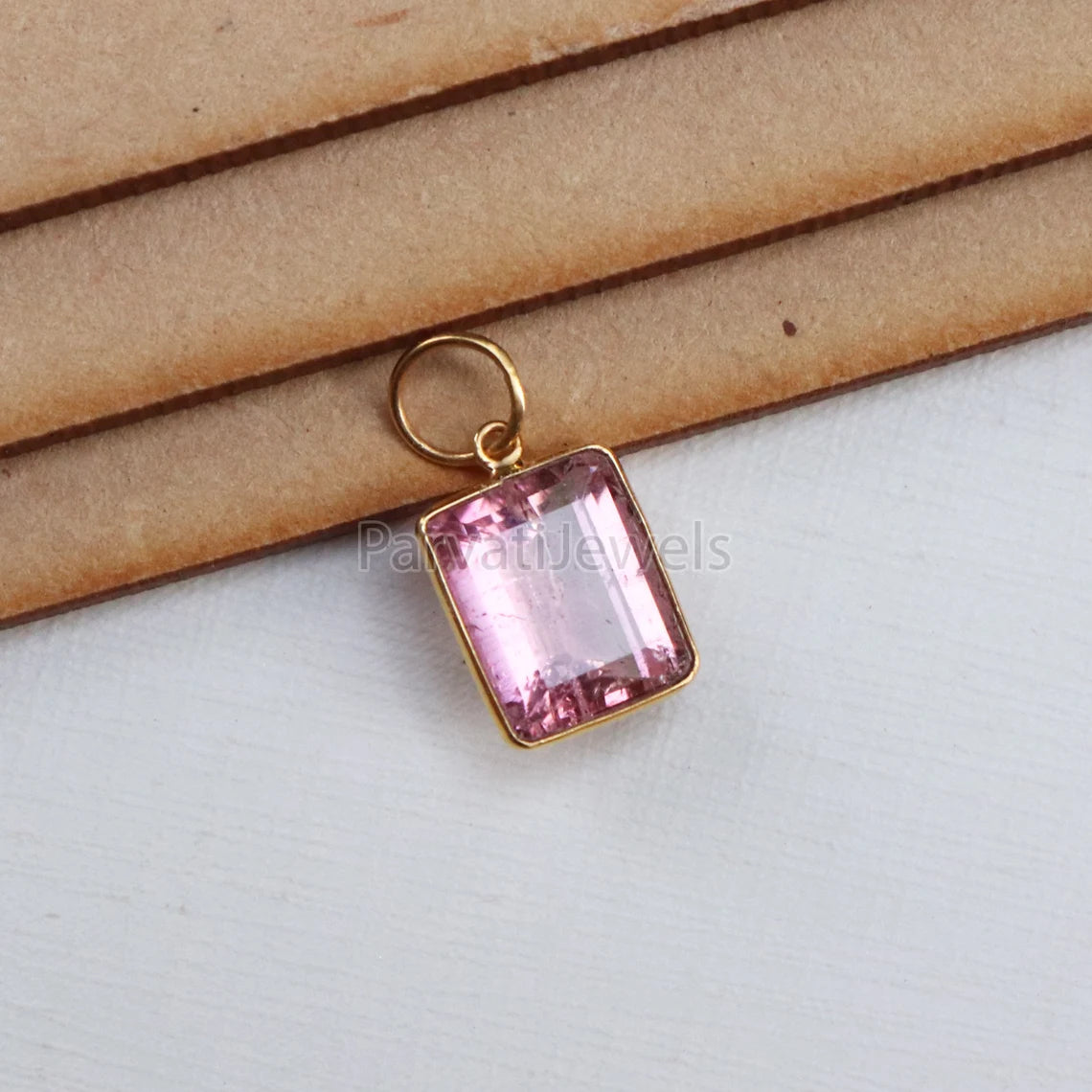 Pink Tourmaline 18K Gold Charm, Solid Gold Charm, Pink Tourmaline Gold Charm Pendant, Handmade Gold Charm, Minimalist 18k Gold Charm