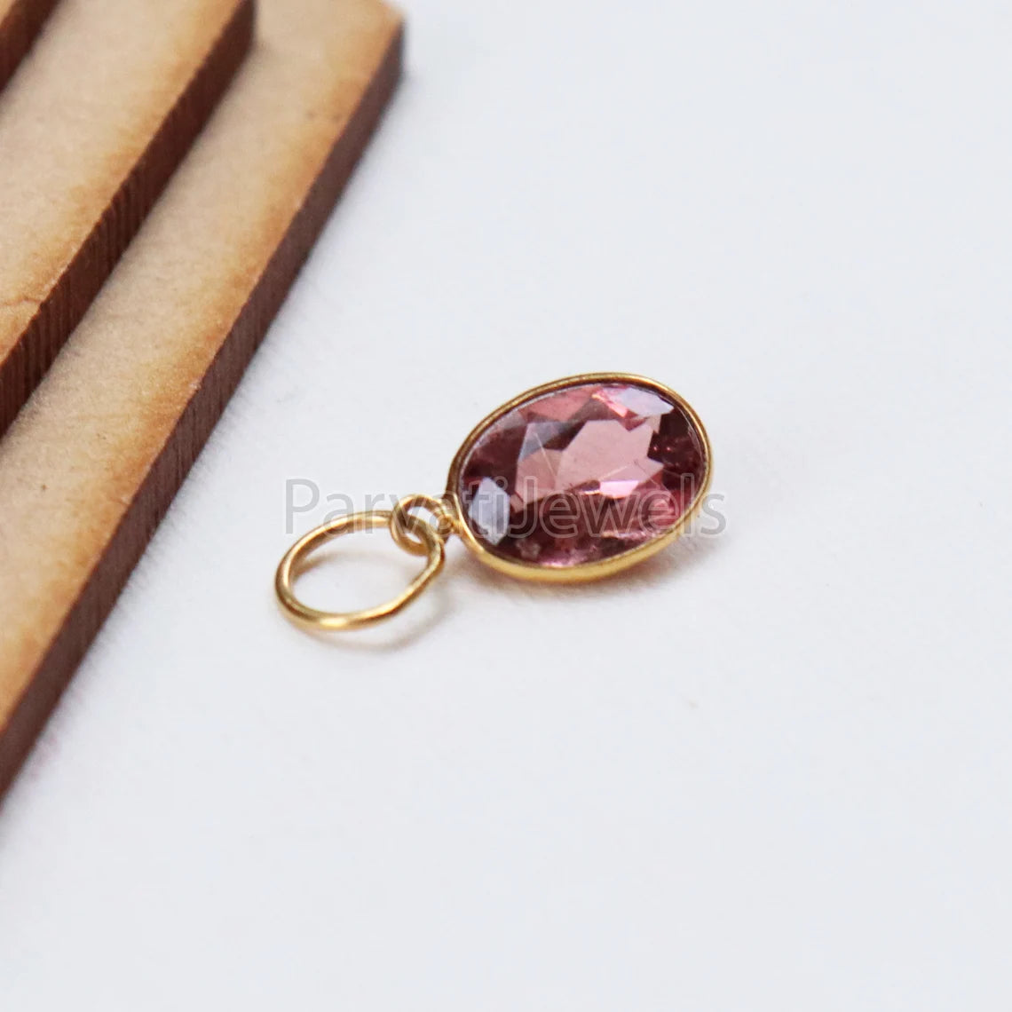 Pink Tourmaline 18K Gold Charm, Solid Gold Charm, Pink Tourmaline Gold Charm Pendant, Handmade Gold Charm, Minimalist 18k Gold Charm