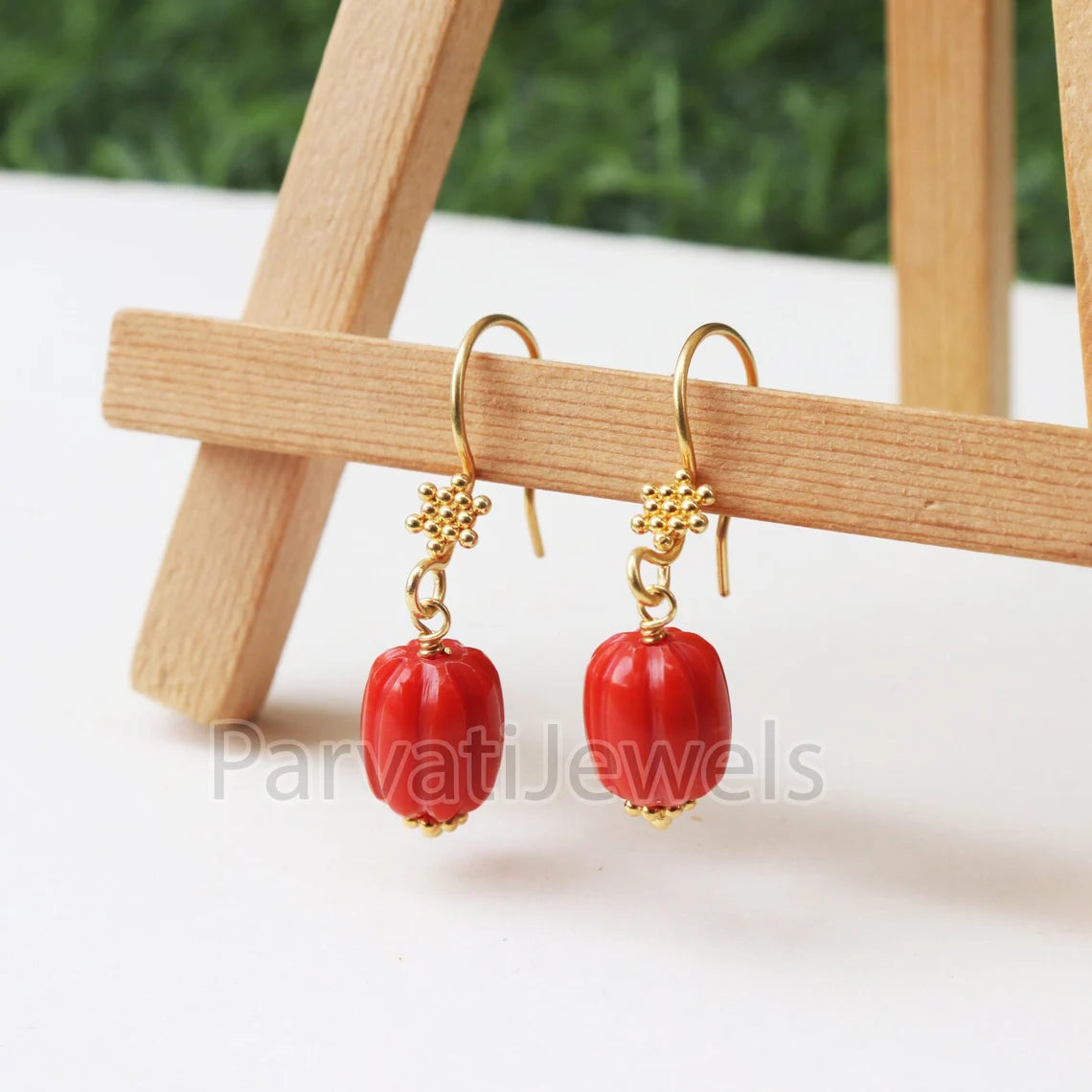 AA Red Coral Gemstone Earrings Collection, 18k Solid Gold Earrings, Coral Gold Earrings, Lab Created Coral 18k Gold Handmade Earrings