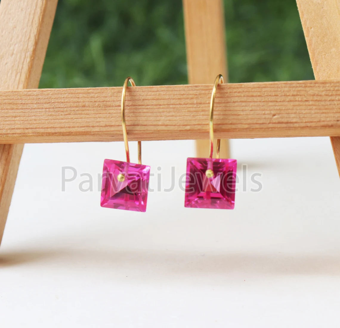 Square shape Tourmaline Solid Gold, 14K & 18K Gold Earrings, Beautiful Pink Tourmaline 18K Solid Gold Earrings, Handmade Earrings For Women