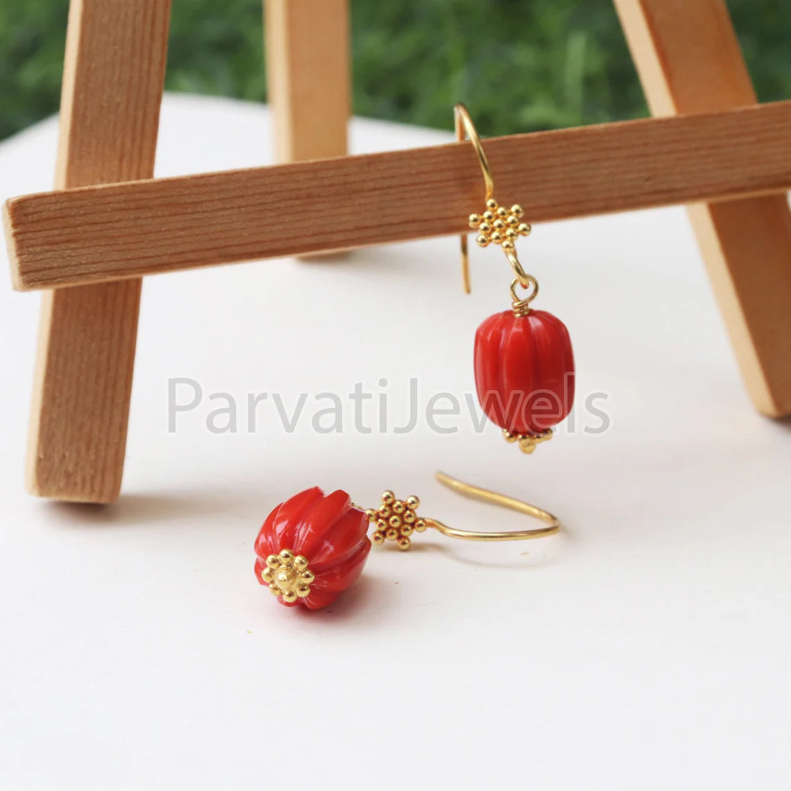AA Red Coral Gemstone Earrings Collection, 18k Solid Gold Earrings, Coral Gold Earrings, Lab Created Coral 18k Gold Handmade Earrings