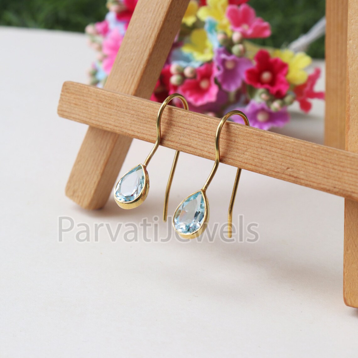 Natural Blue Sapphire Gemstone 18k Solid Gold Earrings, Gold Earrings, Blue Topaz Dangler Earrings, Natural Gold Earrings, Handmade Earring