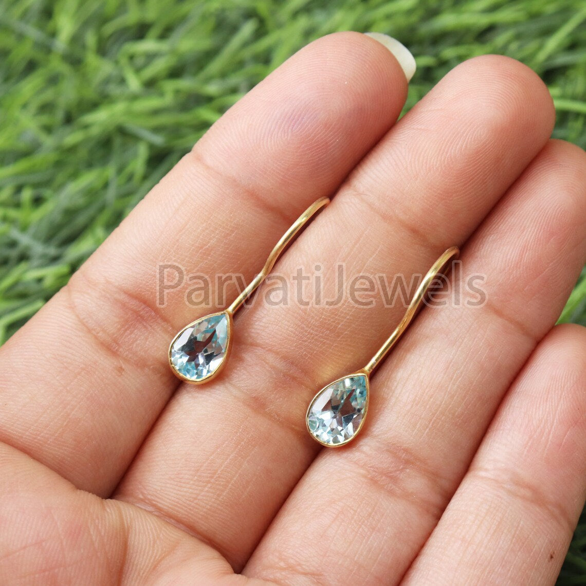 Natural Blue Sapphire Gemstone 18k Solid Gold Earrings, Gold Earrings, Blue Topaz Dangler Earrings, Natural Gold Earrings, Handmade Earring