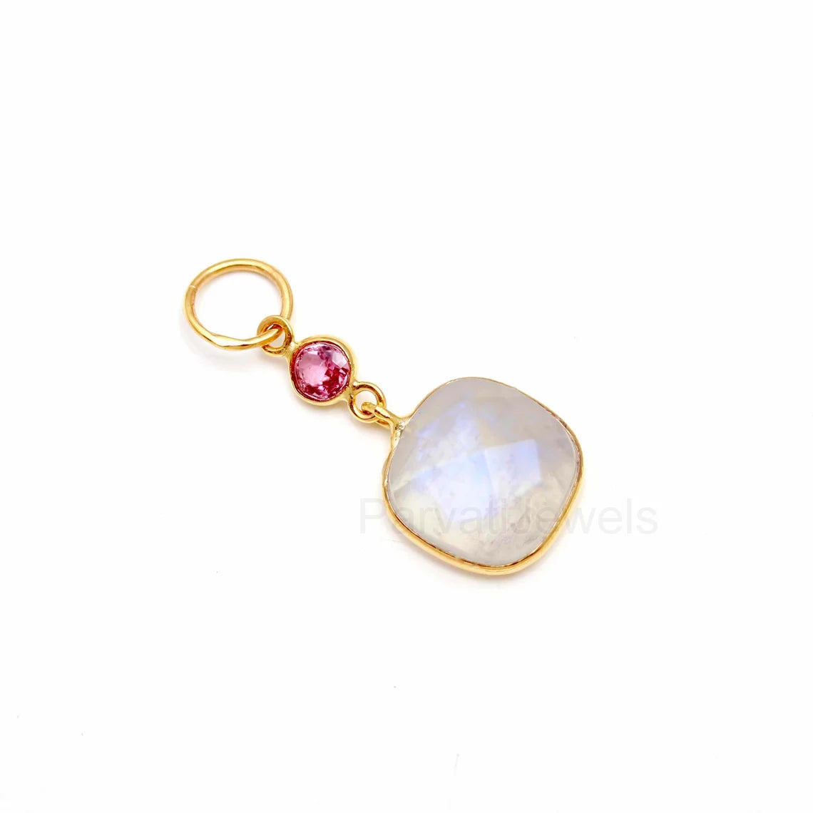 Natural Blue Rainbow Moonstone Tourmaline Charm, 18k Solid Gold Charm Pendant, Fire Moonstone Charm, Gold Charm Pendant, Handmade Gold Charm