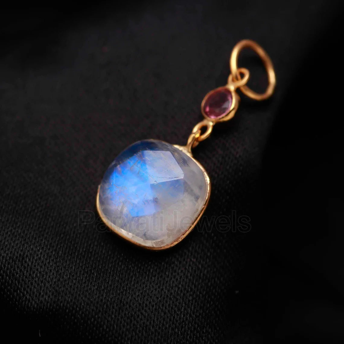Natural Blue Rainbow Moonstone Tourmaline Charm, 18k Solid Gold Charm Pendant, Fire Moonstone Charm, Gold Charm Pendant, Handmade Gold Charm