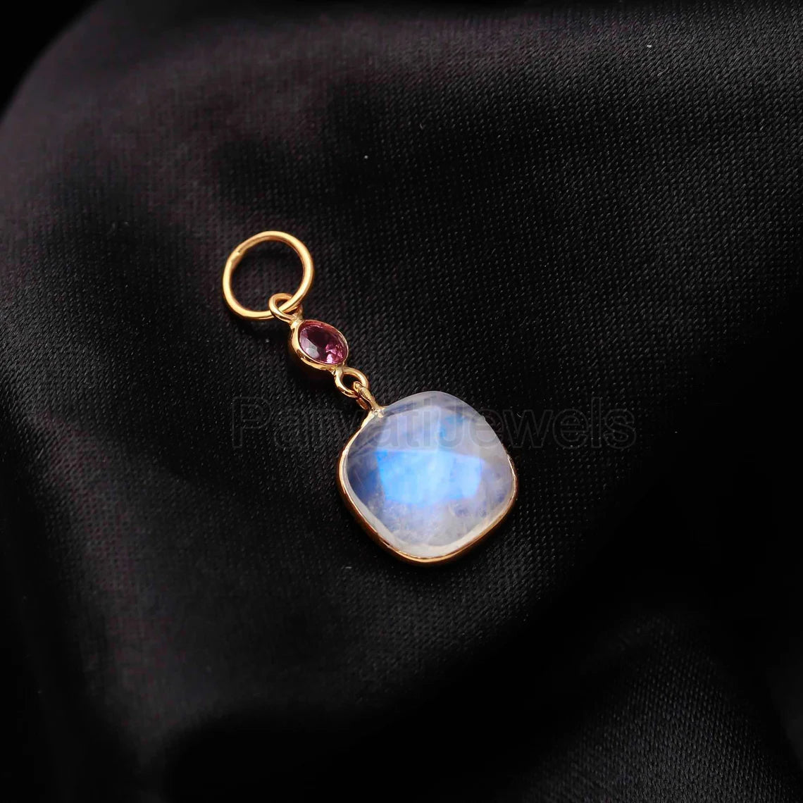 Natural Blue Rainbow Moonstone Tourmaline Charm, 18k Solid Gold Charm Pendant, Fire Moonstone Charm, Gold Charm Pendant, Handmade Gold Charm