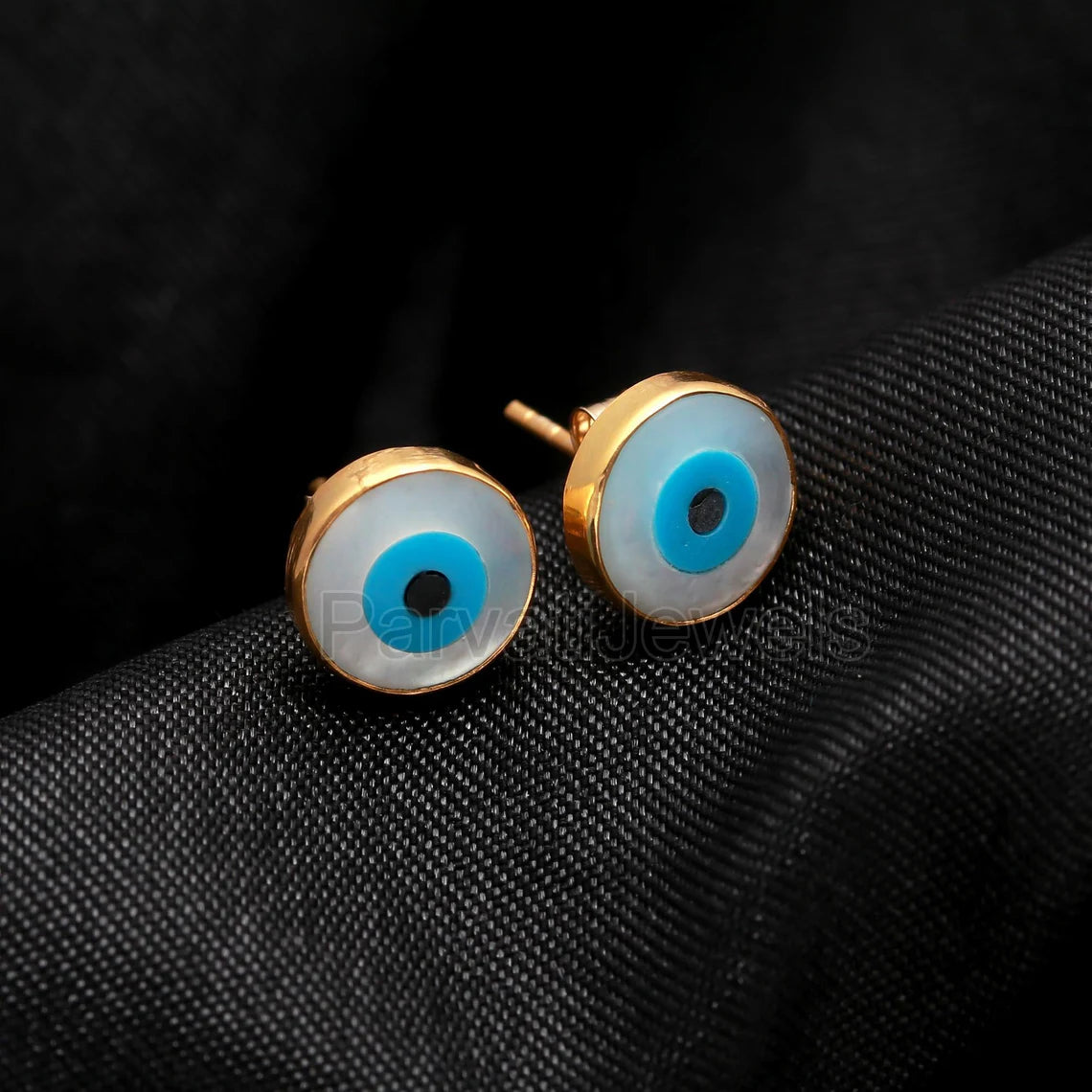 AA Evil Eye Stud Earrings, Solid 14k & 18k Gold Stud Earrings, Mother Of Pearl Gold Earrings, Evil Eye Stud Earrings, Handmade Gold Earrings