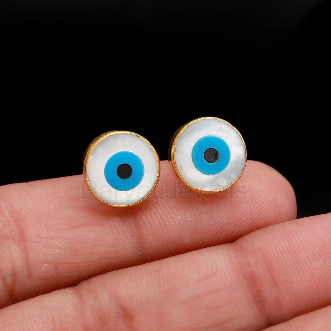 AA Evil Eye Stud Earrings, Solid 14k & 18k Gold Stud Earrings, Mother Of Pearl Gold Earrings, Evil Eye Stud Earrings, Handmade Gold Earrings