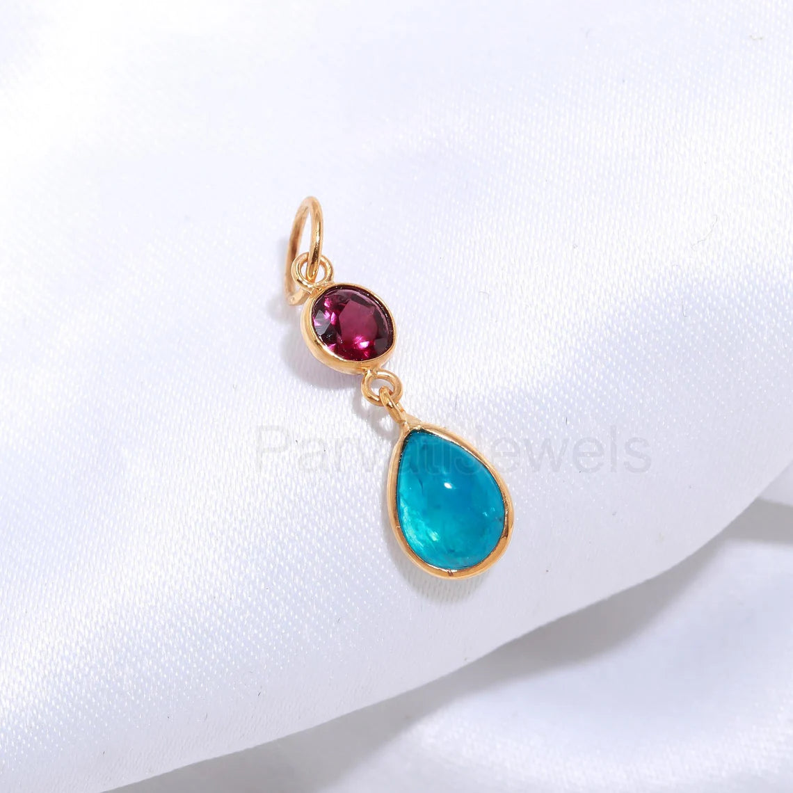 Natural Neon Apatite With Tourmaline Charm, 18K Solid Gold Charm, Gold Charm Pendant, Apatite Charm, Gold Charm Necklace,Handmade Gold Charm