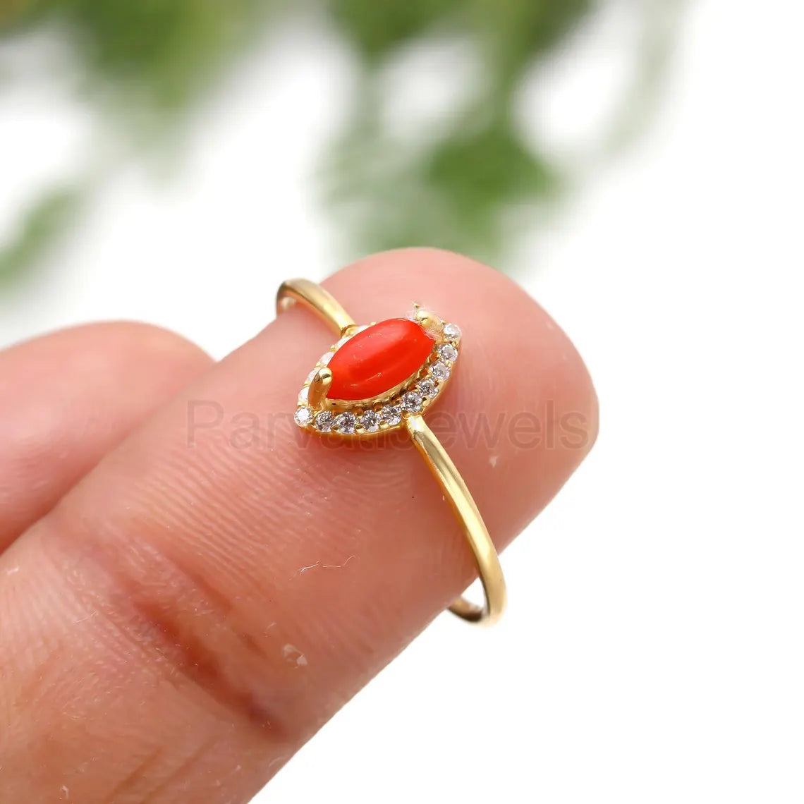 Natural Coral With Diamond Gold Ring, 14K Solid Gold Ring, Diamond Ring, Engagement Ring , Coral Gold Ring, April Birthstone Ring, Gold Ring