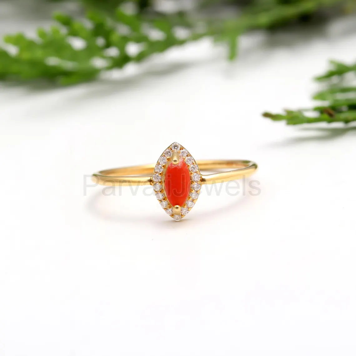 Natural Coral With Diamond Gold Ring, 14K Solid Gold Ring, Diamond Ring, Engagement Ring , Coral Gold Ring, April Birthstone Ring, Gold Ring