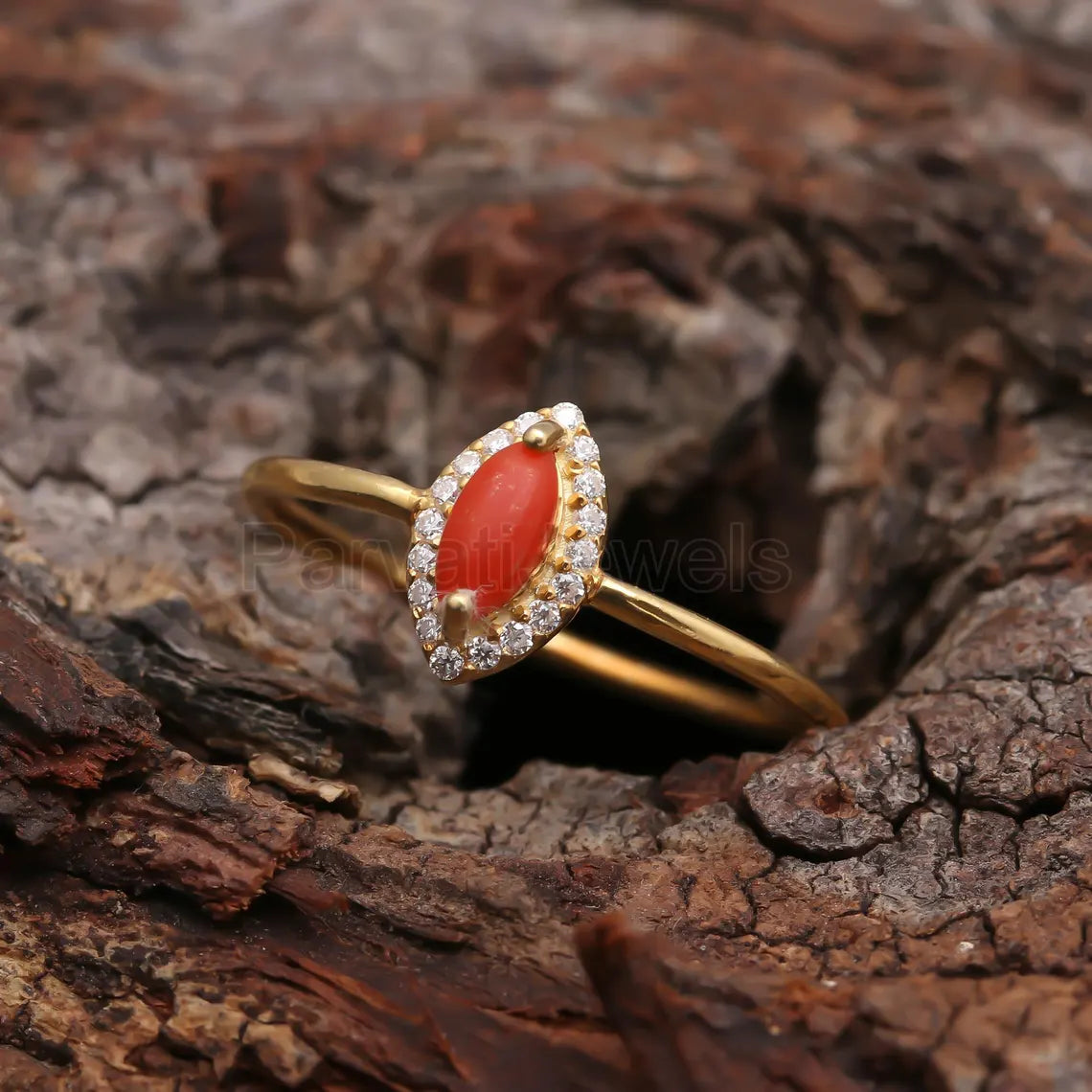 Natural Coral With Diamond Gold Ring, 14K Solid Gold Ring, Diamond Ring, Engagement Ring , Coral Gold Ring, April Birthstone Ring, Gold Ring
