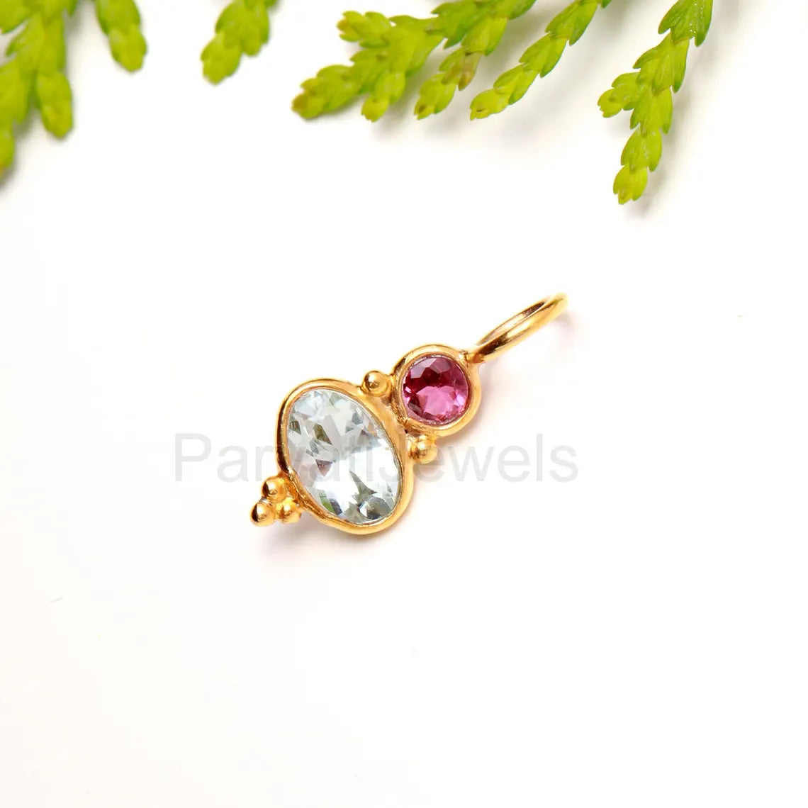 Natural Blue Topaz With Tourmaline Charm, 18k Solid Gold Charm, Gold Charm, Tourmaline Pendant, Topaz Charm Pendant, Handmade Gold Charm,