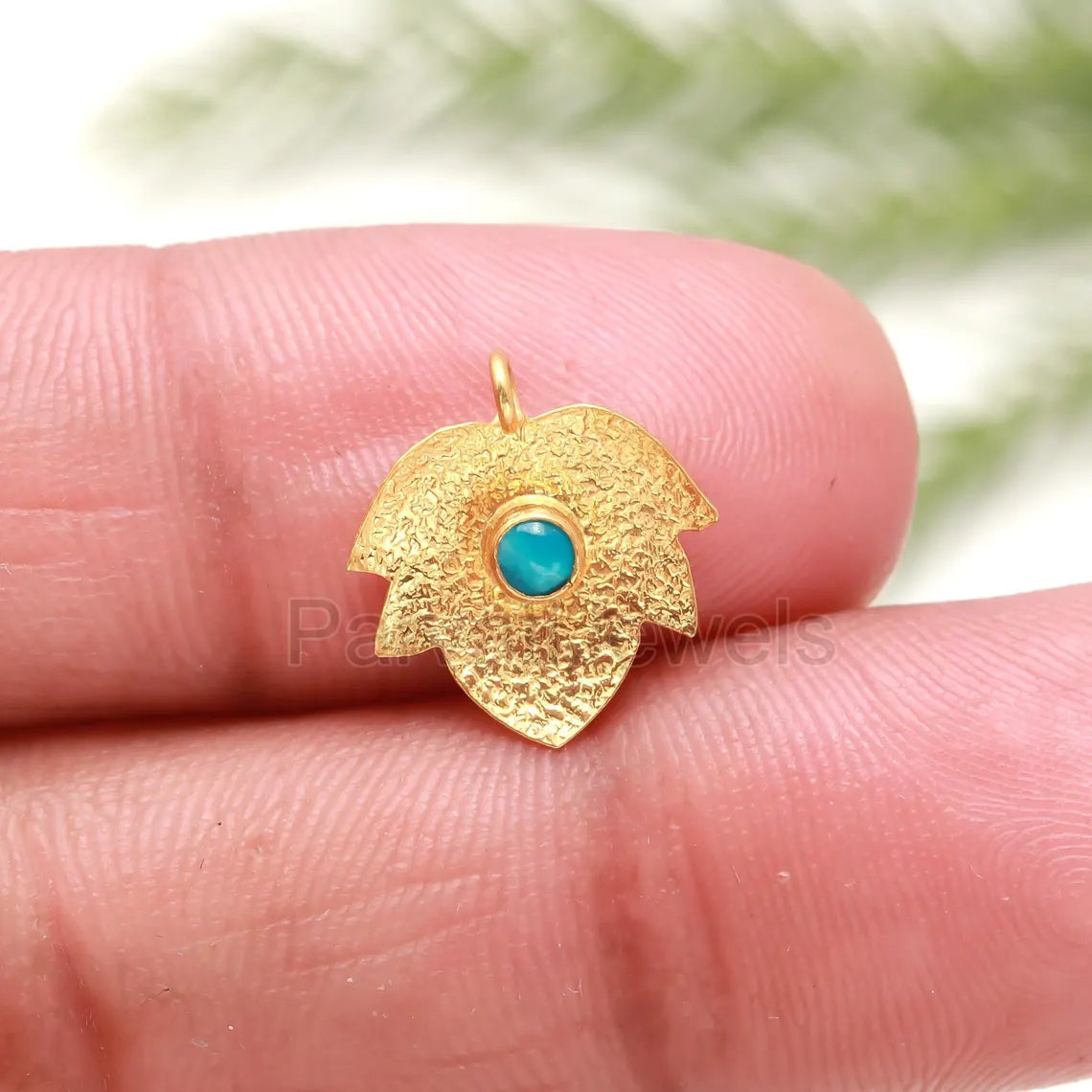 Natural Sleeping Turquoise Charm, 18k Solid Gold Charm, Leaf Gold Charm, Turquoise Gold Pendant, Gold Charm Pendant, Handmade Gold Charm