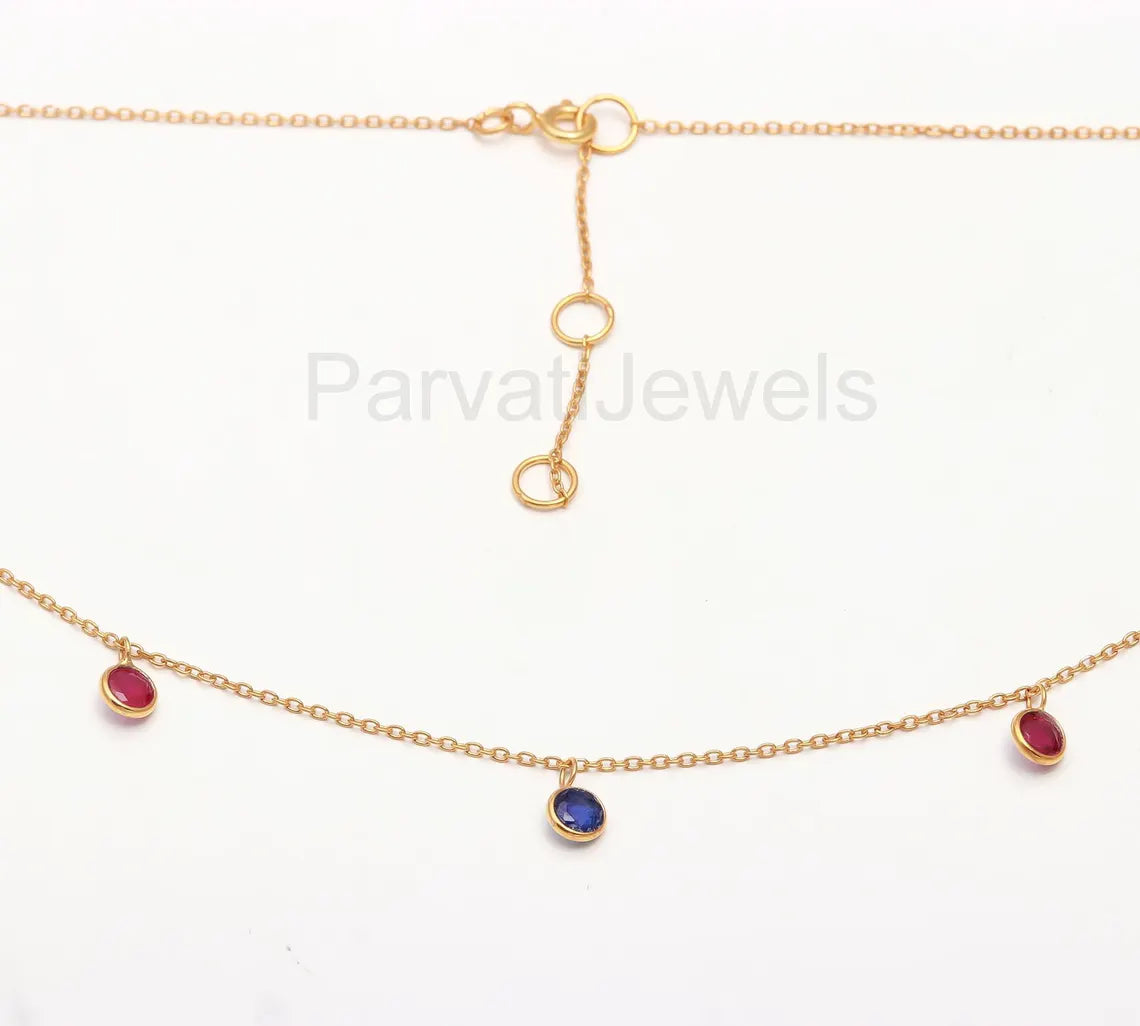 AA Ruby With Sapphire Necklace, Multi Gemstone, 18k Solid Gold Necklace, Sapphire Necklace, Handmade Necklace, Ruby Birthstone Necklace, Gold Chain Necklace