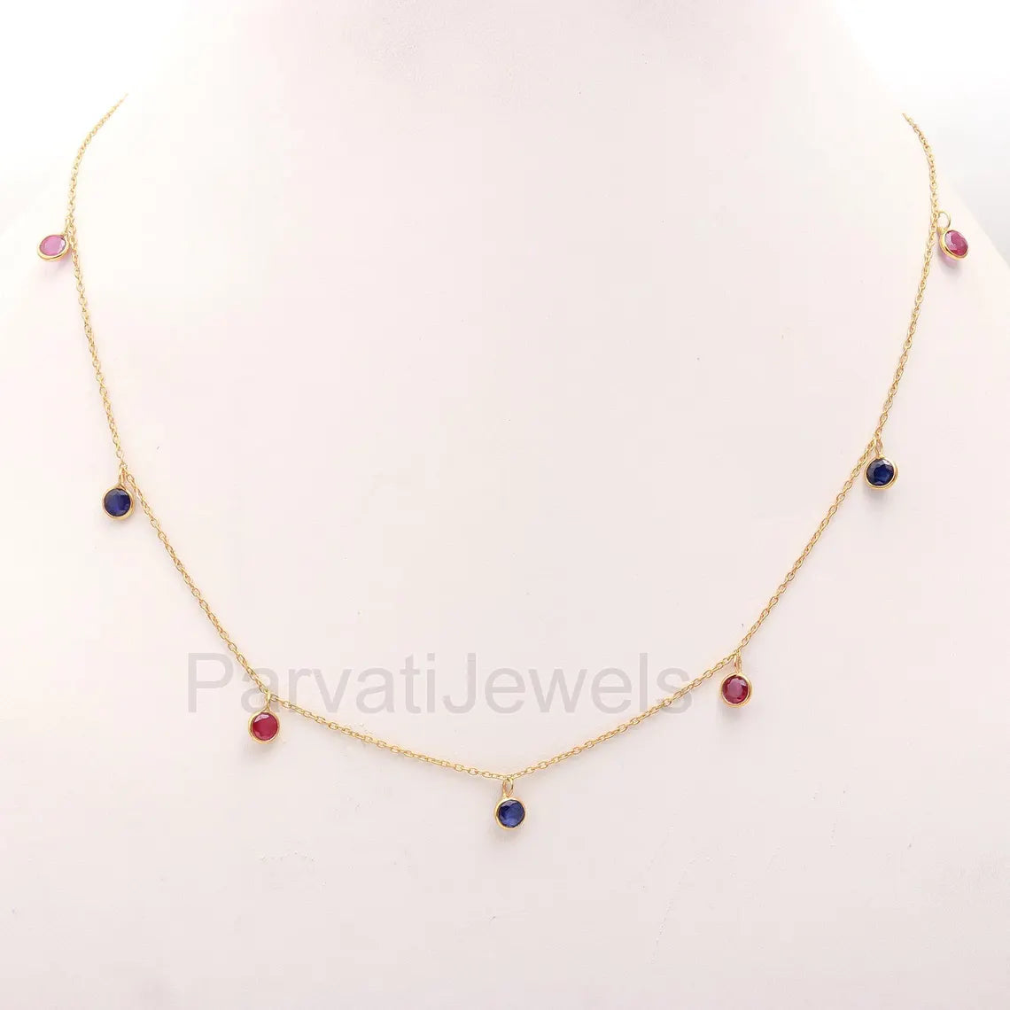 AA Ruby With Sapphire Necklace, Multi Gemstone, 18k Solid Gold Necklace, Sapphire Necklace, Handmade Necklace, Ruby Birthstone Necklace, Gold Chain Necklace