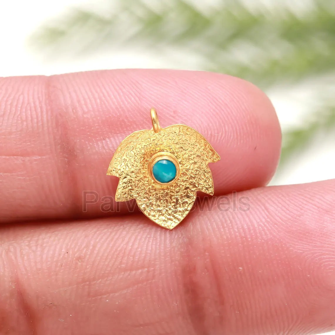 Natural Sleeping Turquoise Charm, 18k Solid Gold Charm, Leaf Gold Charm, Turquoise Gold Pendant, Gold Charm Pendant, Handmade Gold Charm