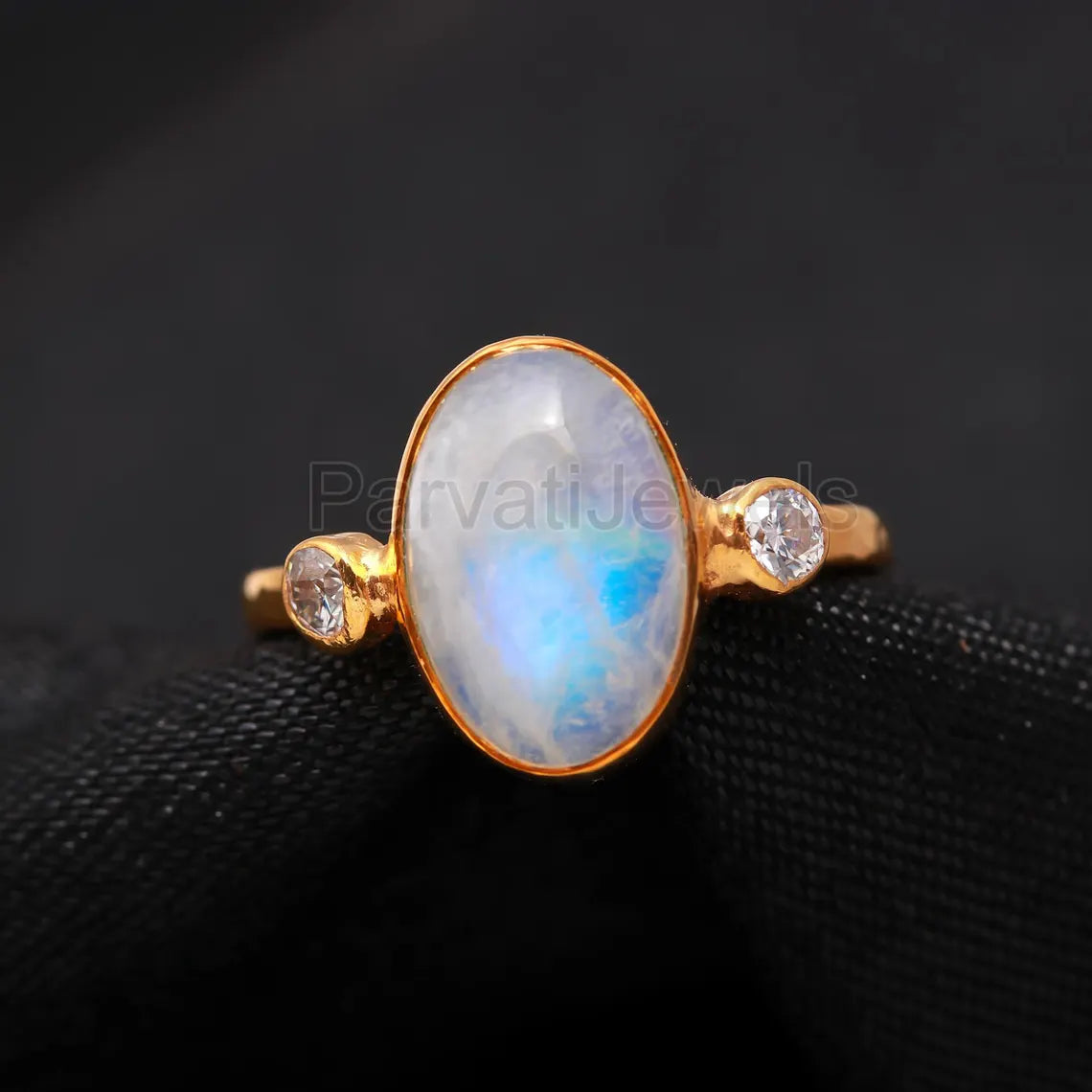 Natural Rainbow Moonstone With Moissanite Ring, Solid 18k Gold Ring, Moonstone Ring, Solid Gold Ring, Handmade Gold Ring, Christmas Ring