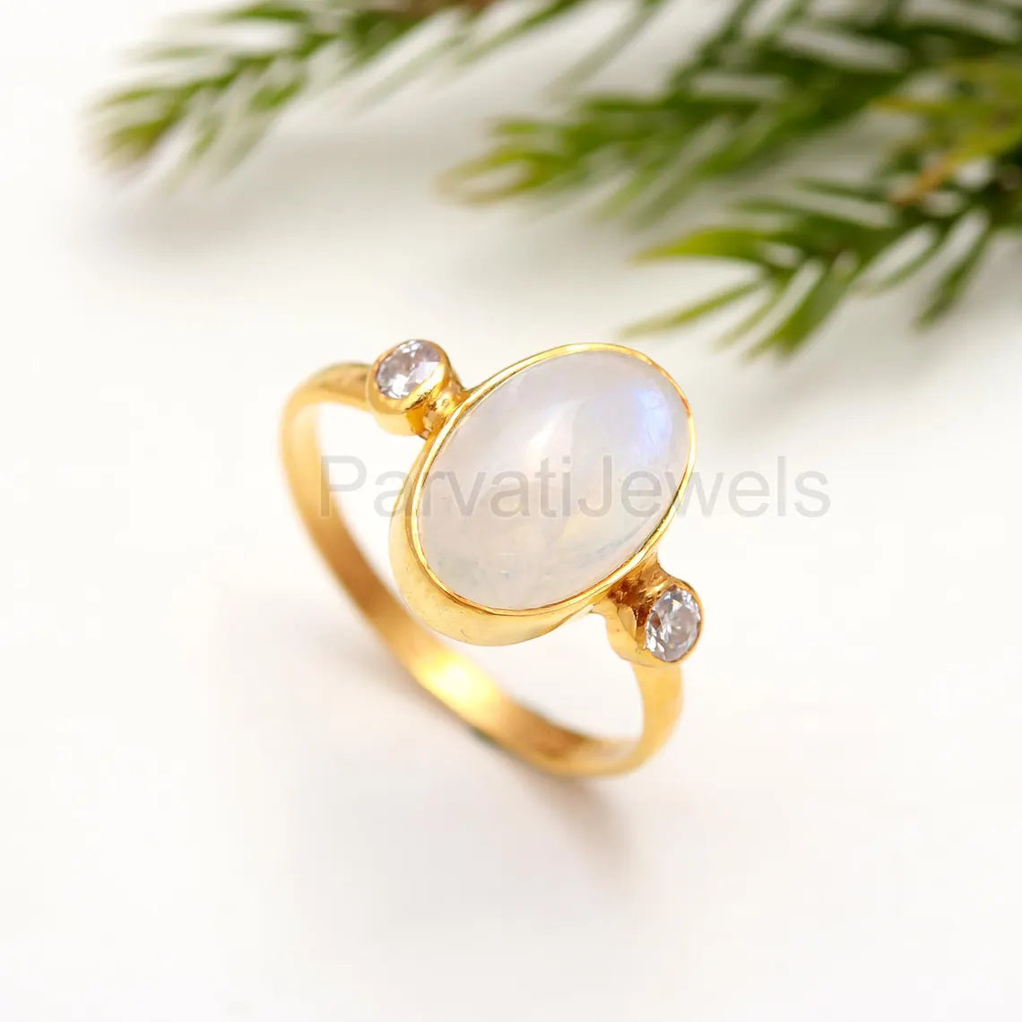 Natural Rainbow Moonstone With Moissanite Ring, Solid 18k Gold Ring, Moonstone Ring, Solid Gold Ring, Handmade Gold Ring, Christmas Ring