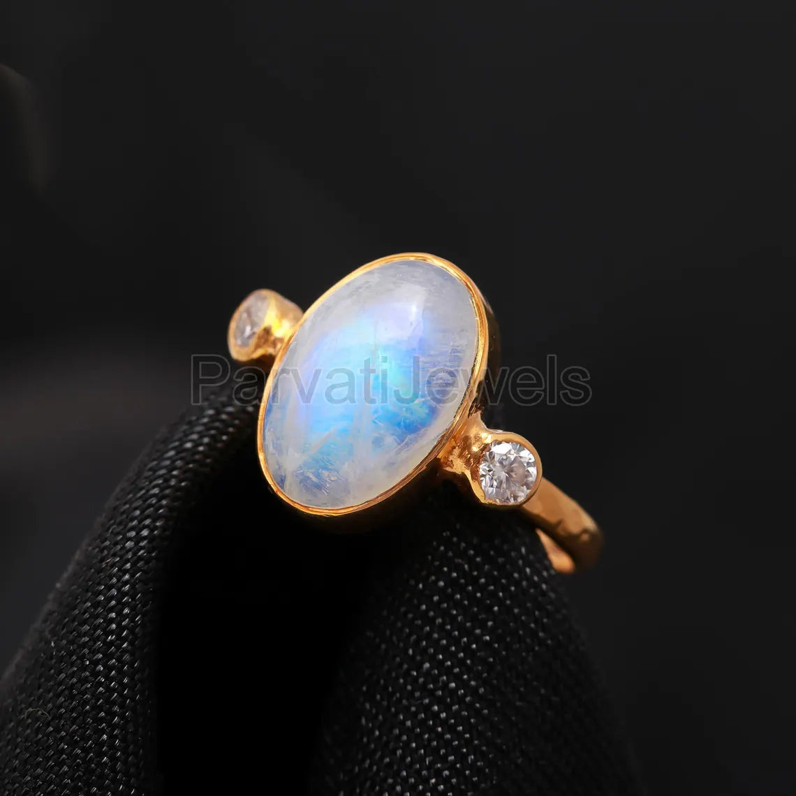 Natural Rainbow Moonstone With Moissanite Ring, Solid 18k Gold Ring, Moonstone Ring, Solid Gold Ring, Handmade Gold Ring, Christmas Ring
