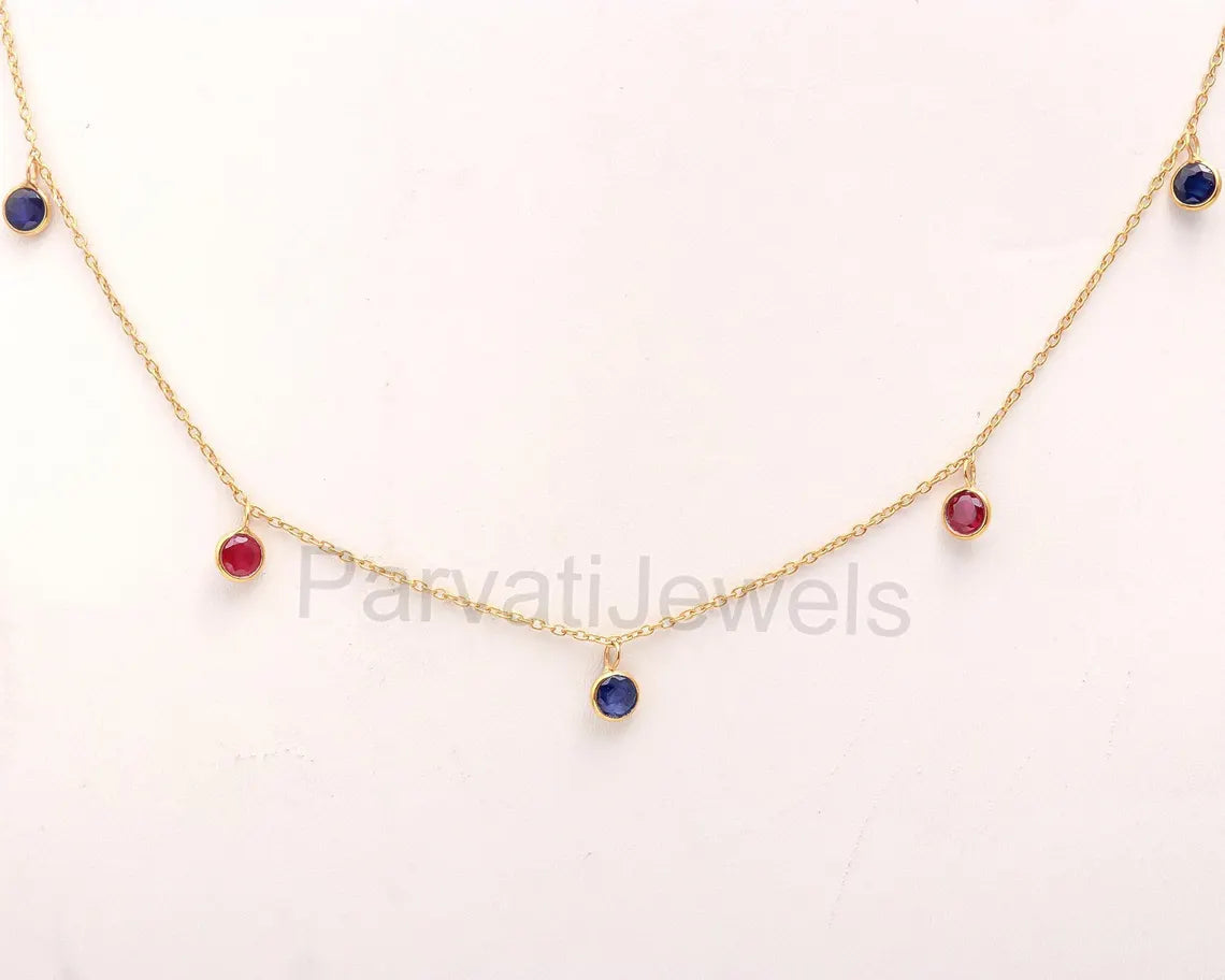 AA Ruby With Sapphire Necklace, Multi Gemstone, 18k Solid Gold Necklace, Sapphire Necklace, Handmade Necklace, Ruby Birthstone Necklace, Gold Chain Necklace