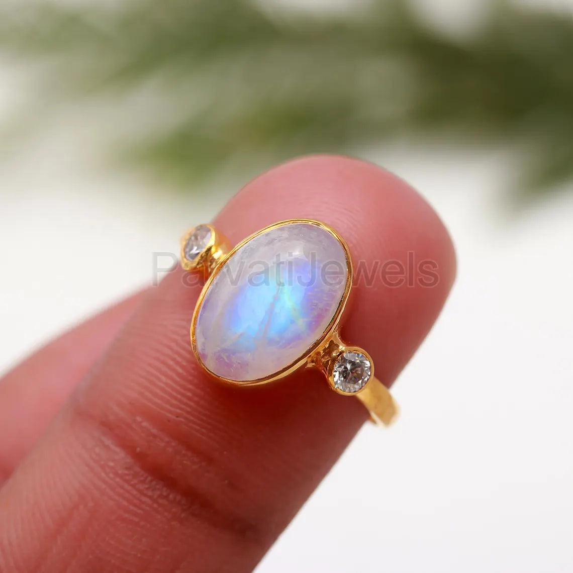Natural Rainbow Moonstone With Moissanite Ring, Solid 18k Gold Ring, Moonstone Ring, Solid Gold Ring, Handmade Gold Ring, Christmas Ring