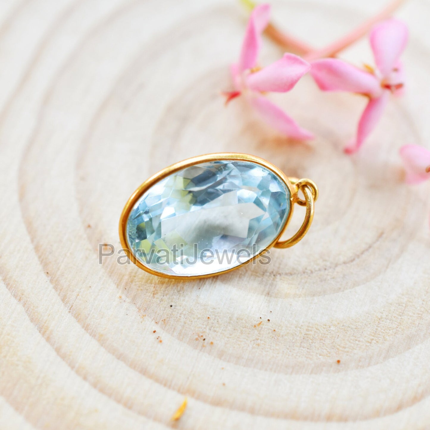 Swiss Blue Topaz 18k Solid Gold Charm Pendant, 18K Solid Gold Oval Shape Topaz Handmade Charm, November Birthstone Charm Gift For Her