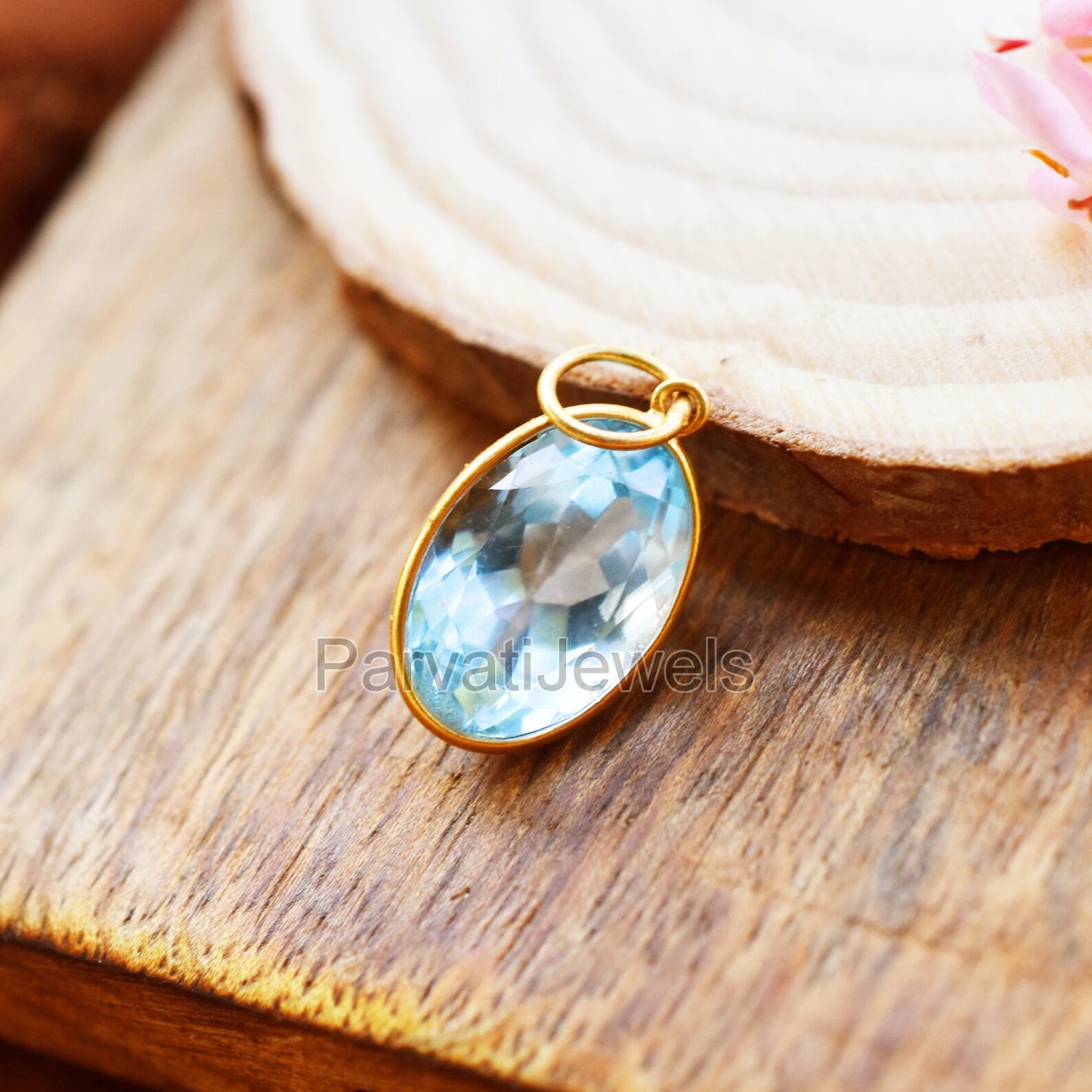 Swiss Blue Topaz 18k Solid Gold Charm Pendant, 18K Solid Gold Oval Shape Topaz Handmade Charm, November Birthstone Charm Gift For Her