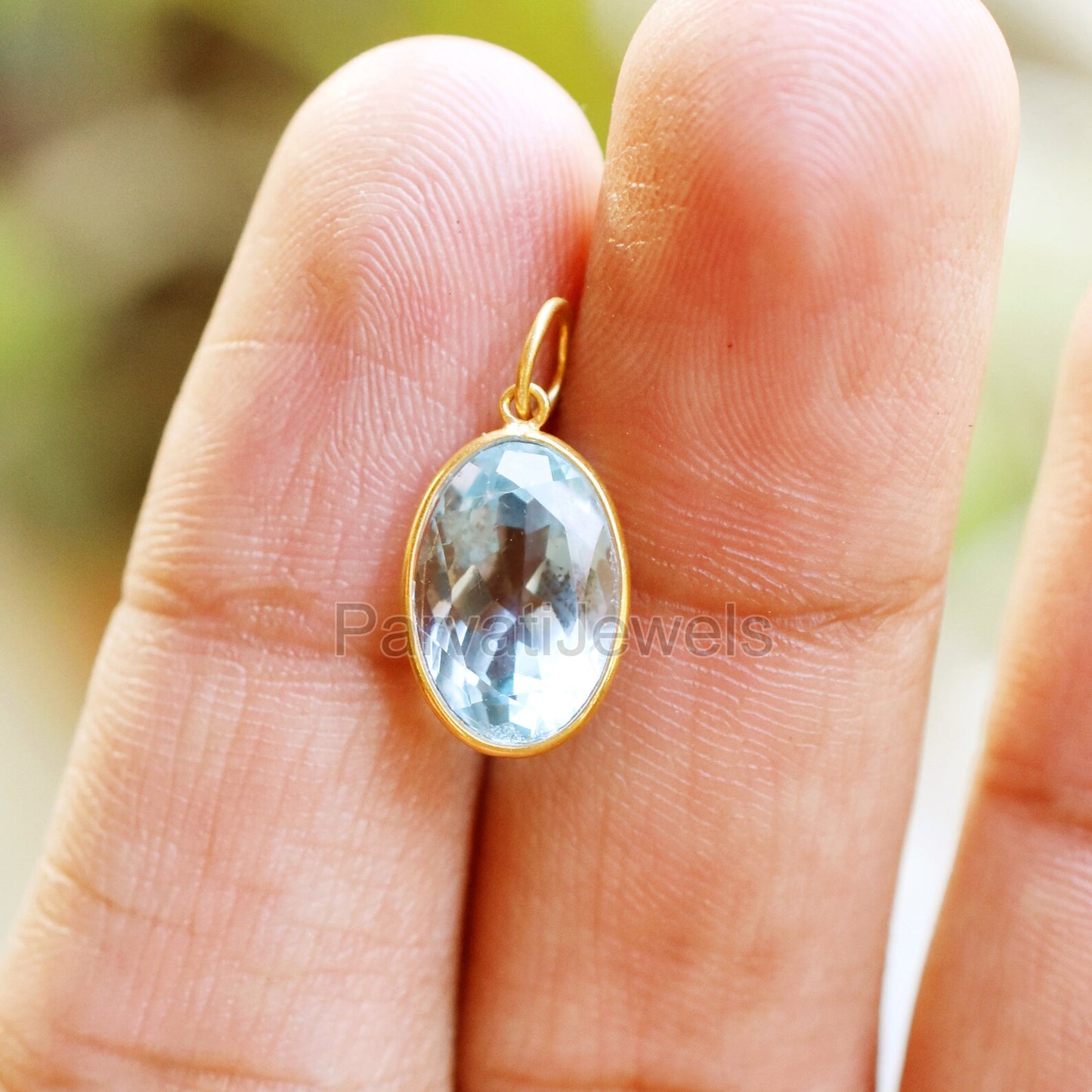 Swiss Blue Topaz 18k Solid Gold Charm Pendant, 18K Solid Gold Oval Shape Topaz Handmade Charm, November Birthstone Charm Gift For Her