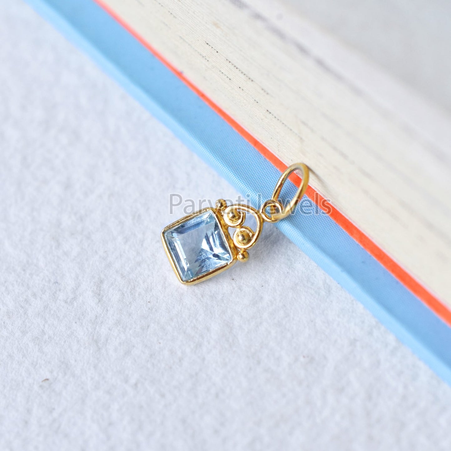 Solid Gold Blue Topaz Square Shape Charm Pendant, 18K Solid Gold Blue Topaz Charm, Minimalist Charm Pendant, Gold Charm, Gift Jewelry