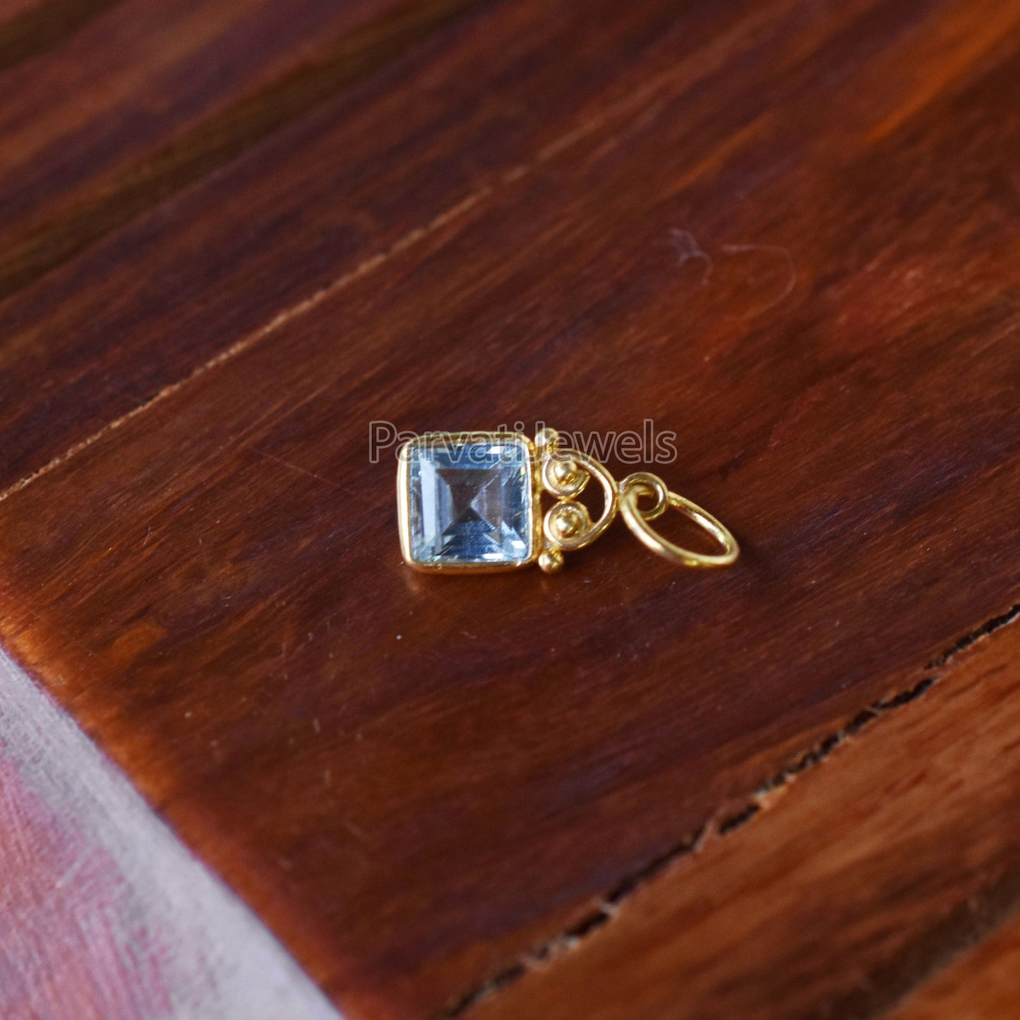 Solid Gold Blue Topaz Square Shape Charm Pendant, 18K Solid Gold Blue Topaz Charm, Minimalist Charm Pendant, Gold Charm, Gift Jewelry
