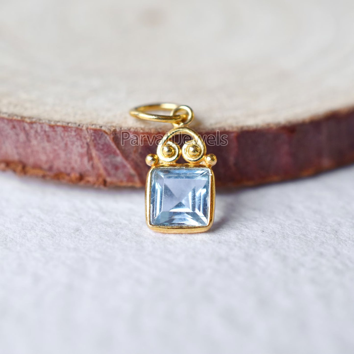 Solid Gold Blue Topaz Square Shape Charm Pendant, 18K Solid Gold Blue Topaz Charm, Minimalist Charm Pendant, Gold Charm, Gift Jewelry