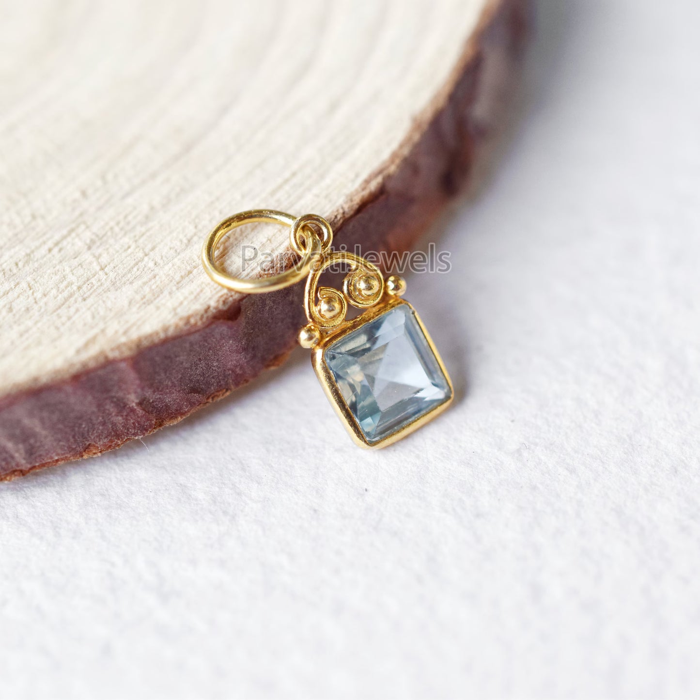 Solid Gold Blue Topaz Square Shape Charm Pendant, 18K Solid Gold Blue Topaz Charm, Minimalist Charm Pendant, Gold Charm, Gift Jewelry