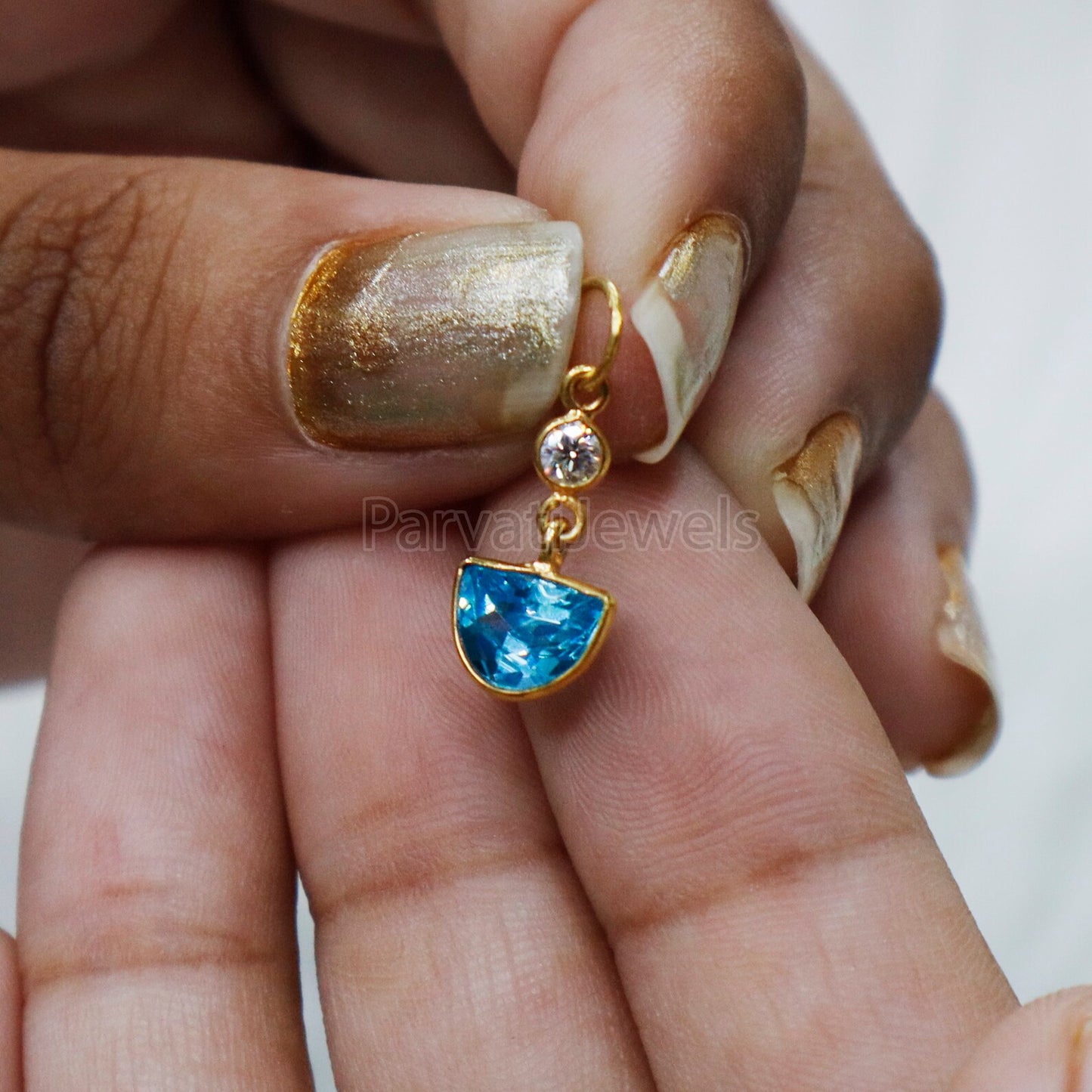 Elegant Blue Topaz and Moissanite Charm, 18k Solid Gold Charm, Blue Topaz Charm, Gold Charm, Moissanite Charm, Handmade Gold Charm