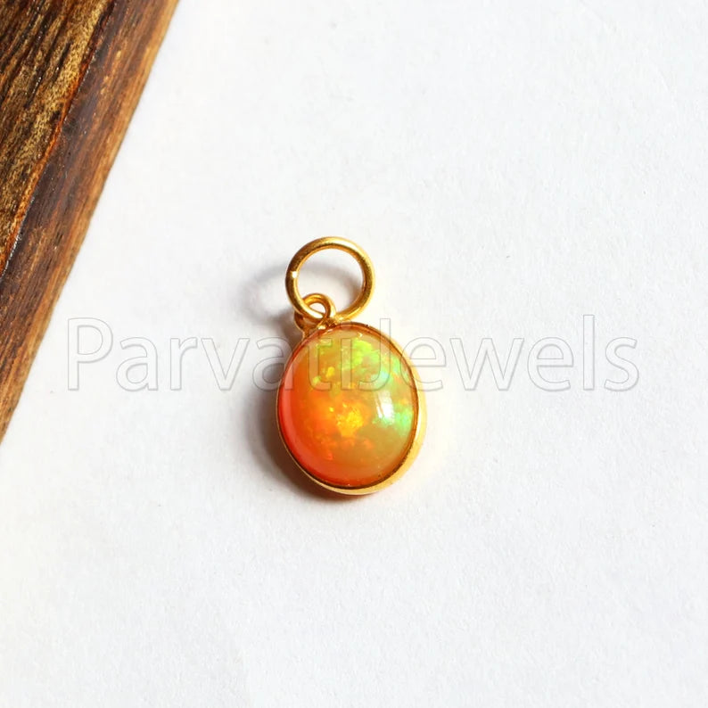 Natural Fire Ethiopian Opal Charm, 18k Solid Gold Charm, Yellow Fire Opal Charm, DAINTY Charms, 18 K Solid Gold , RARE Opal Gemstone ,Handmade Gold Charm, 7x9 Oval Charm, Gift For Christmas Charm, Gift For Her Charm, Gift For Wife Charm