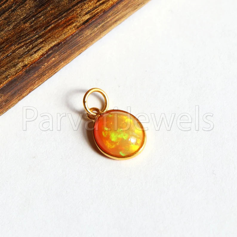 Natural Fire Ethiopian Opal Charm, 18k Solid Gold Charm, Yellow Fire Opal Charm, DAINTY Charms, 18 K Solid Gold , RARE Opal Gemstone ,Handmade Gold Charm, 7x9 Oval Charm, Gift For Christmas Charm, Gift For Her Charm, Gift For Wife Charm