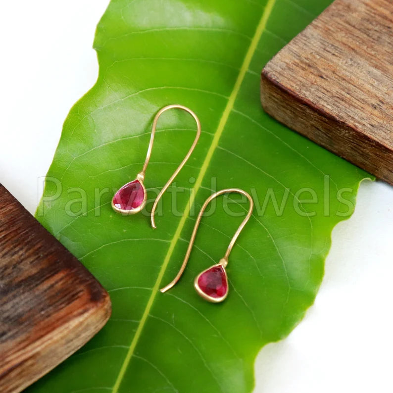 Natural Ruby Earring, Ruby Dangle Earring, Solid 18K Gold Earring, Handmade Gold Earring, Minimalist Dangle Earring, Gift for her