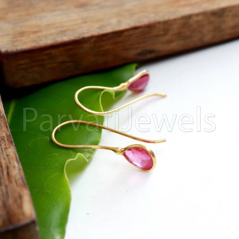 Natural Ruby Earring, Ruby Dangle Earring, Solid 18K Gold Earring, Handmade Gold Earring, Minimalist Dangle Earring, Gift for her