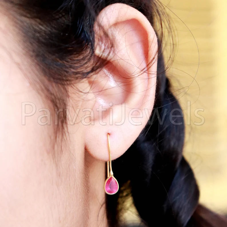 Natural Ruby Earring, Ruby Dangle Earring, Solid 18K Gold Earring, Handmade Gold Earring, Minimalist Dangle Earring, Gift for her
