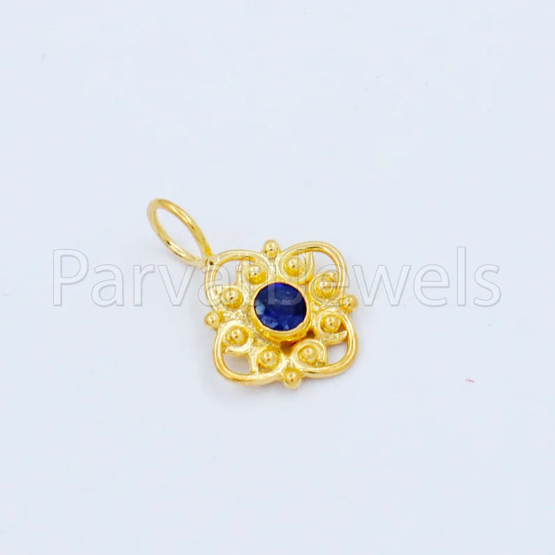 Natural Sapphire Charm, 18k Solid Gold Charm, Handmade Gold Charm, Designer Charm Pendant, Charms Necklace, Blue Sapphire Charm