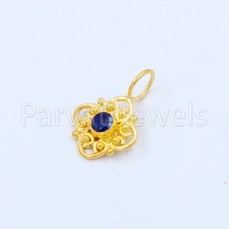 Natural Sapphire Charm, 18k Solid Gold Charm, Handmade Gold Charm, Designer Charm Pendant, Charms Necklace, Blue Sapphire Charm